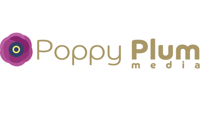 Purple flower with gold type that reads Poppy Plum Media